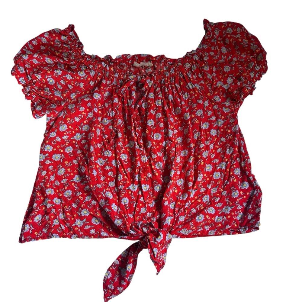 Red Floral Crop Tie Blouse
